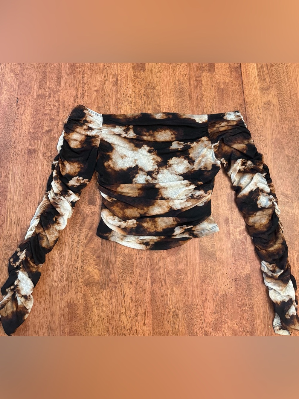 Topshop Cloud Mesh Ruched Off the Shoulder Top Abstract black & brown, size med
